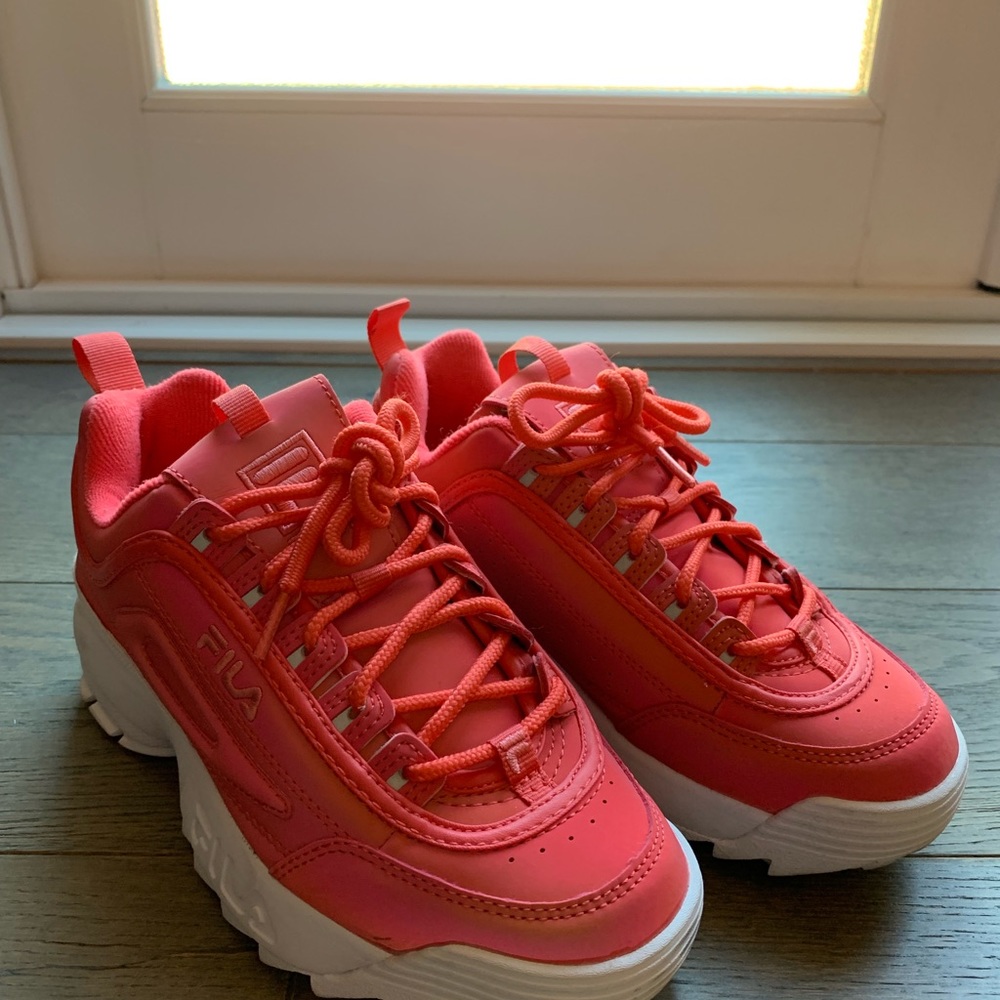 Fila Disruptors pink glow orange white shoes high top